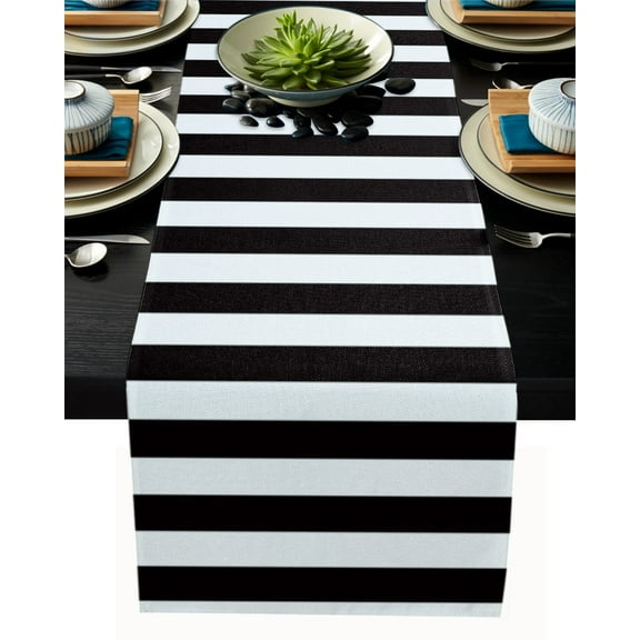 Simple Black White Stripes Table Runner Modern Stripes Tablerunners 13 x 36 Inch, Table Decorations Tabletop Scarf for Summer Gathering Holiday Farmhouse Kitchen Dining Decor