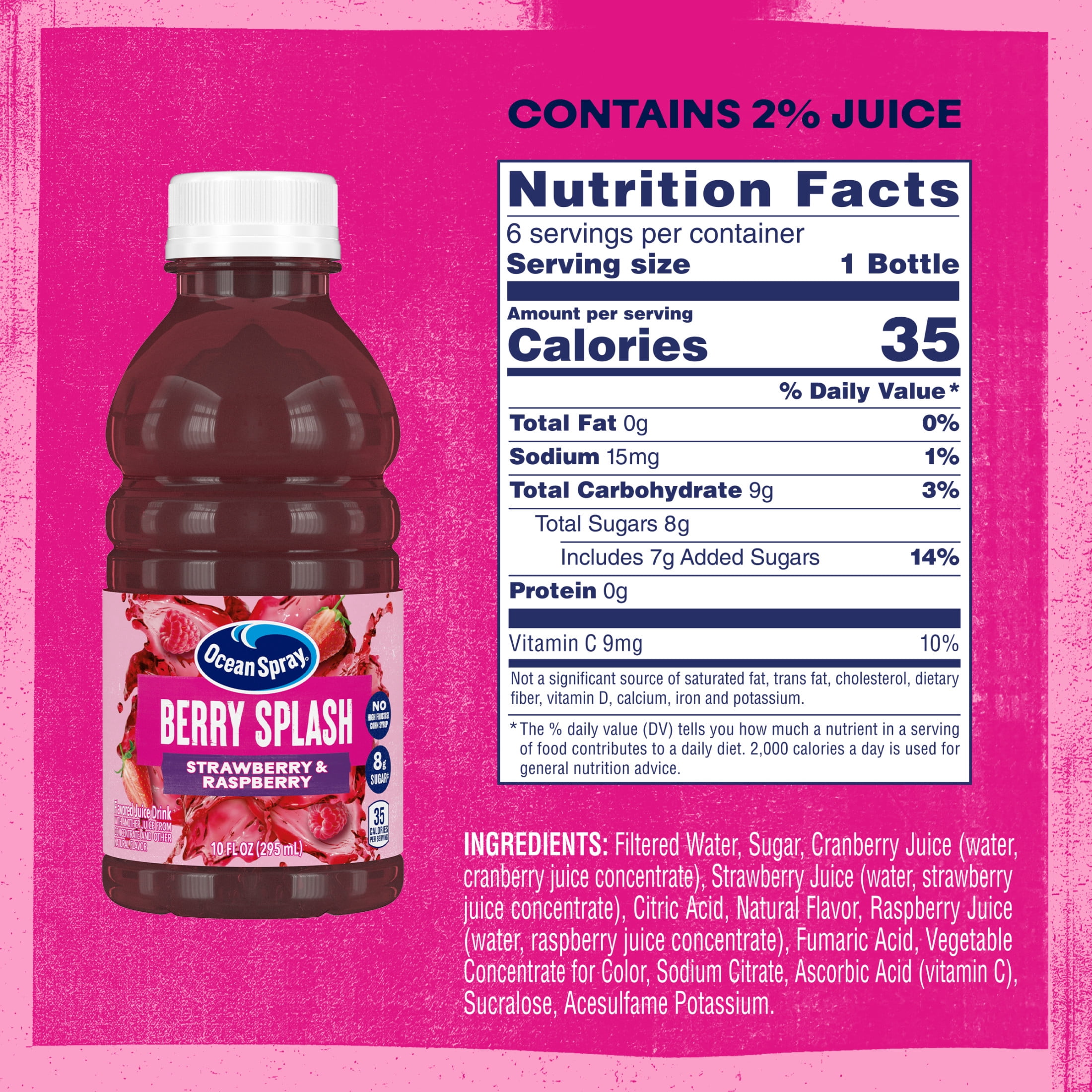 (4 pack) Ocean Spray® Berry Splash – Strawberry & Raspberry 10 fl oz Bottle, 6Pack