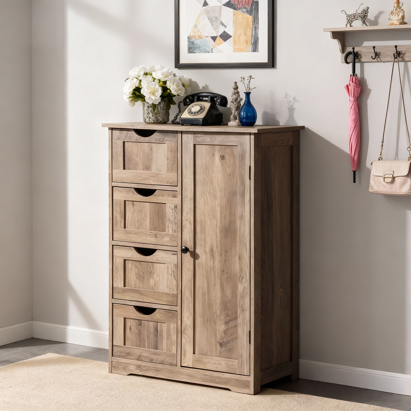 Ktaxon Wooden Bathroom Floor Cabinet, Side Storage Organizer with 4 Drawers, 1 Cupboard & 2-Shelves, Vintage Washed Gray
