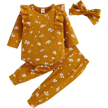 

QWZNDZGR Baby Girl Clothes Cute Clothes Girls Romper + Pant Frill Long Sleeve Romper Ruffle Pants Headband Romper Print Pants