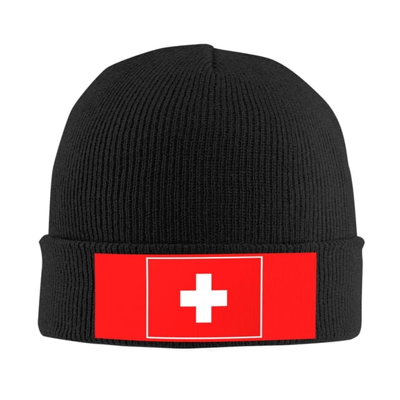 Swiss Flag Beanie Hat Men Women Warm Printed Cap Knit Beanies Hats Outdoor Winter Black
