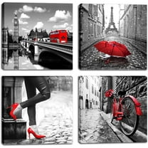 Black and White Wall Art Canvas Print Paris Eiffel Tower City Picture Red Rose High Heels Girl Silhouette Pictures Decor Living Room Bedroom 16"x16"x4