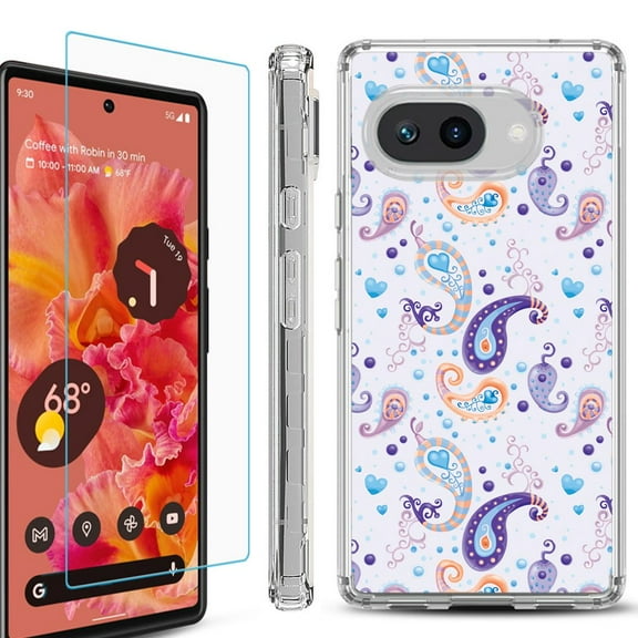 For Google Pixel 9a Phone Case Cover, Shockproof Bumper Case with Tempered Glass Screen Protector, by OneToughShield - Paisley Purple