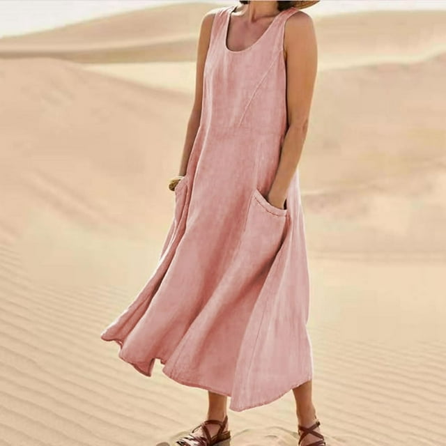 CHUANK Robe d'Été pour Femme en Coton et Lin Mode Décontractée Unie à Encolure en U Sans Manches Robe Débardeur Ourlet à Volants Fluide Ample Plage Longue Maxi avec Deux Poches