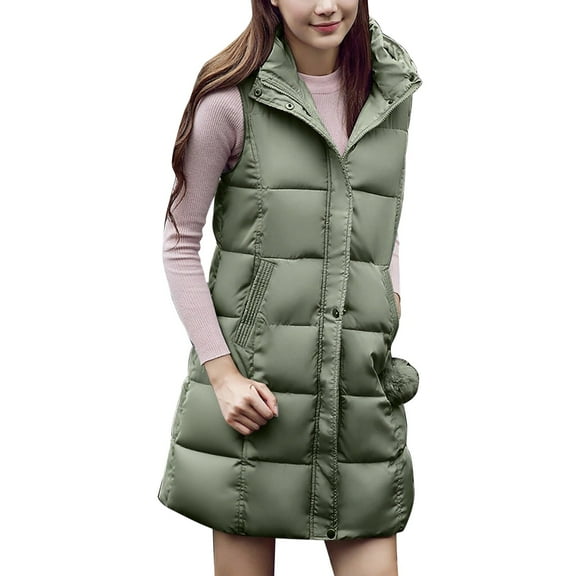 Breezora Women Casual Loose Hooded Sleeveless Long Vest Coat with Zipper Pockets Plus Size Long Blackish Green