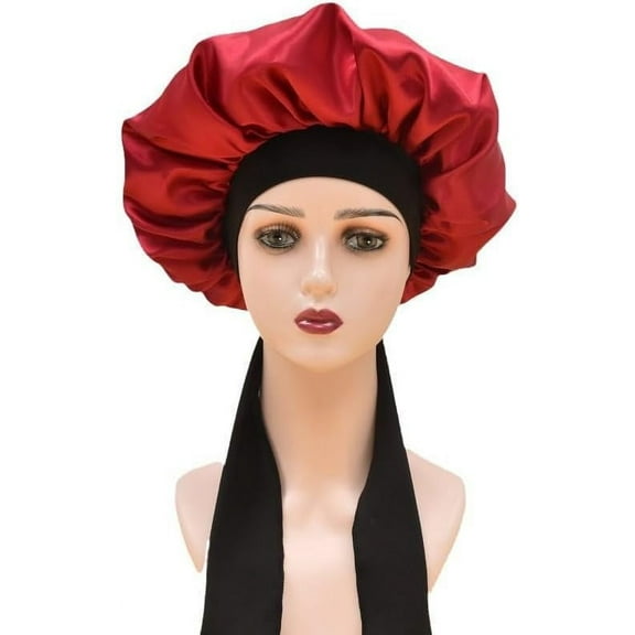 BLSCODE Silky Satin Hair Bonnet Sleep Cap for Women and Girls - Wide Band Elastic Bonnet with Tie for Curly, Straight Hair Red