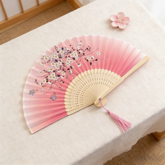 Cherry Blossom Silk Folding Fan with Bamboo Ribs, Durable Hand Fan for Stage Props, Wedding & Home Decor