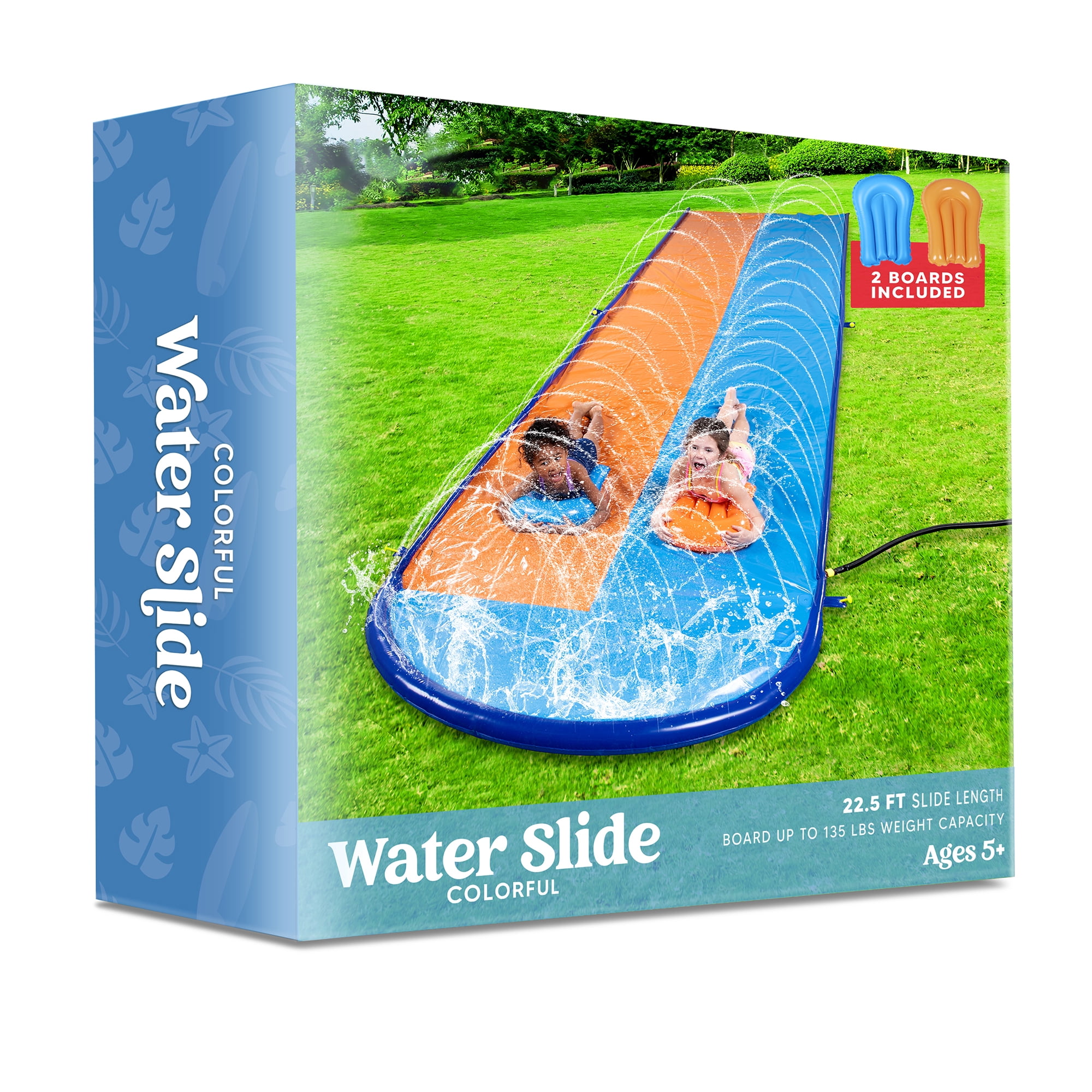 Joyfy 22.5ft Water Slides with 2 Inflatable Boards, 2 Sliding Racing Lanes and Sprinklers, Backyard Outdoor Lawn Summer Toy, Shark