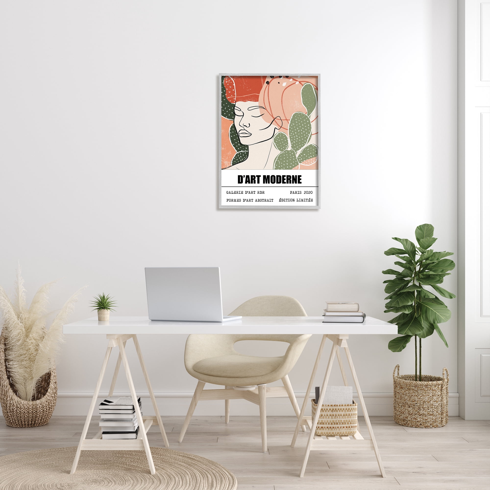 Stupell Industries Parisian Modern Abstraction Woman's Face Green Cactus Classic Painting Gray Framed Art Print Wall Art, 24 x 30, Design by Ros Ruseva