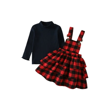 

Bagilaanoe 2Pcs Toddler Baby Girls Overalls Dress Set Ribbed Long Sleeve Pullover Tops + Plaid Suspender Skirt 12M 18M 24M 3T 4T 5T Kids Christmas Outfits