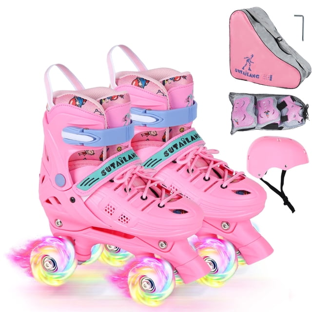 VEZLOPUS Patins à Roulettes, Patins à Roulettes Roses Ajustables avec Roues Lumineuses pour Filles, Ados, Femmes Débutantes et Avancées / avec Équipements de Protection et Voiture
