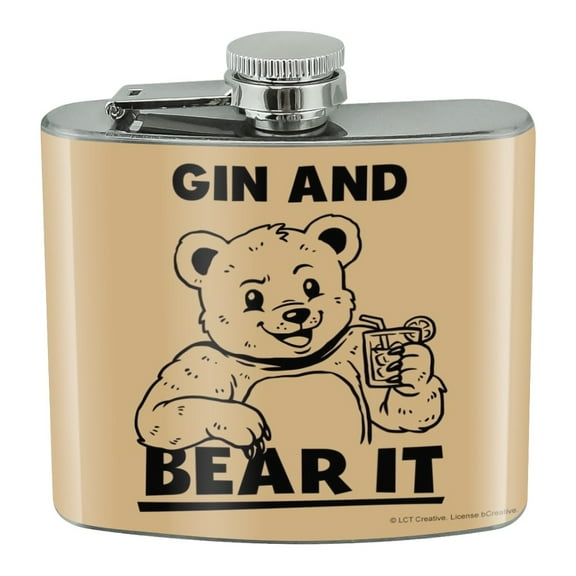Gin Grin and Bear It Funny Humor Stainless Steel 5oz Hip Drink Kidney Flask