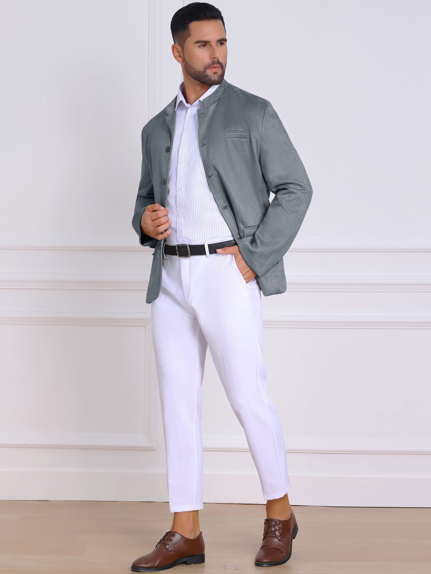 DARING DIVA Men's Suit Jacket Stand Collar Single Breasted Suede Blazer L Gray