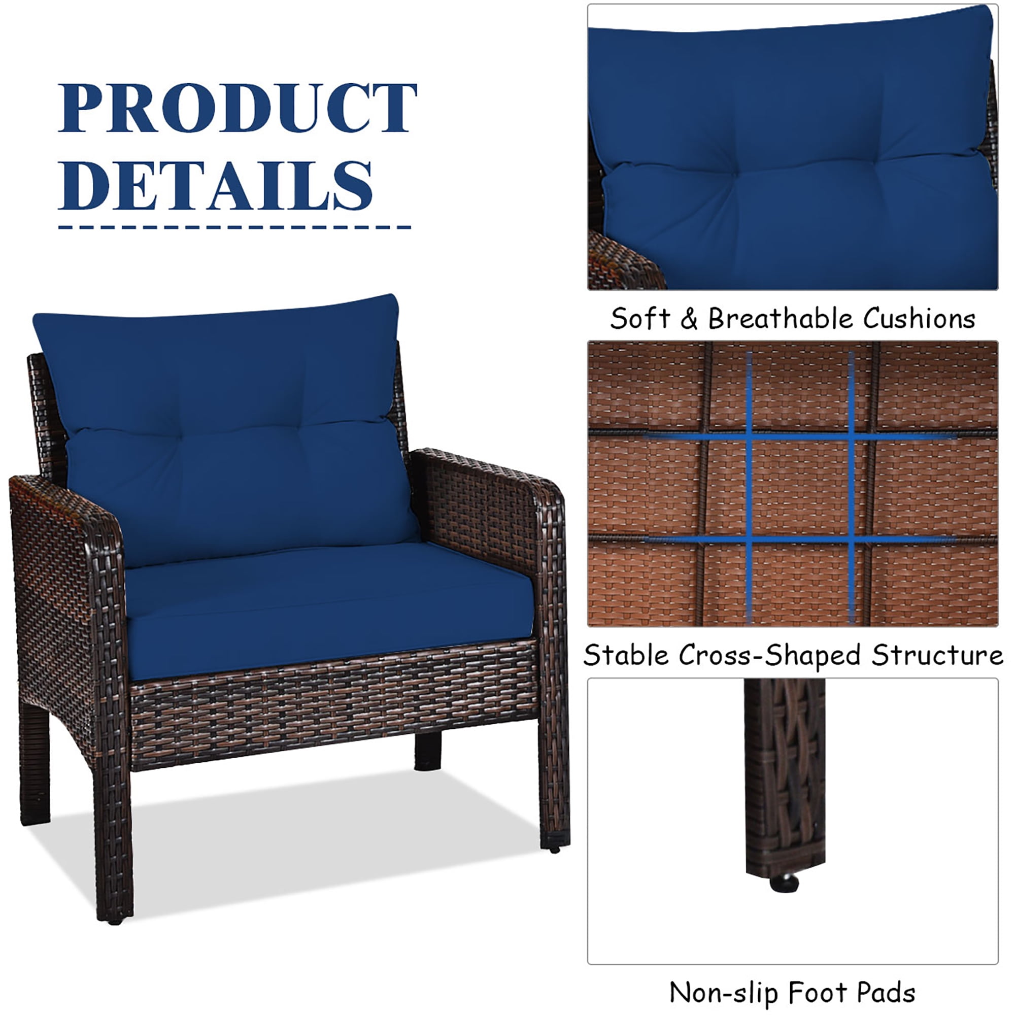 Costway 3PCS Outdoor Rattan Conversation Set Patio Garden Cushioned Sofa Chair Navy
