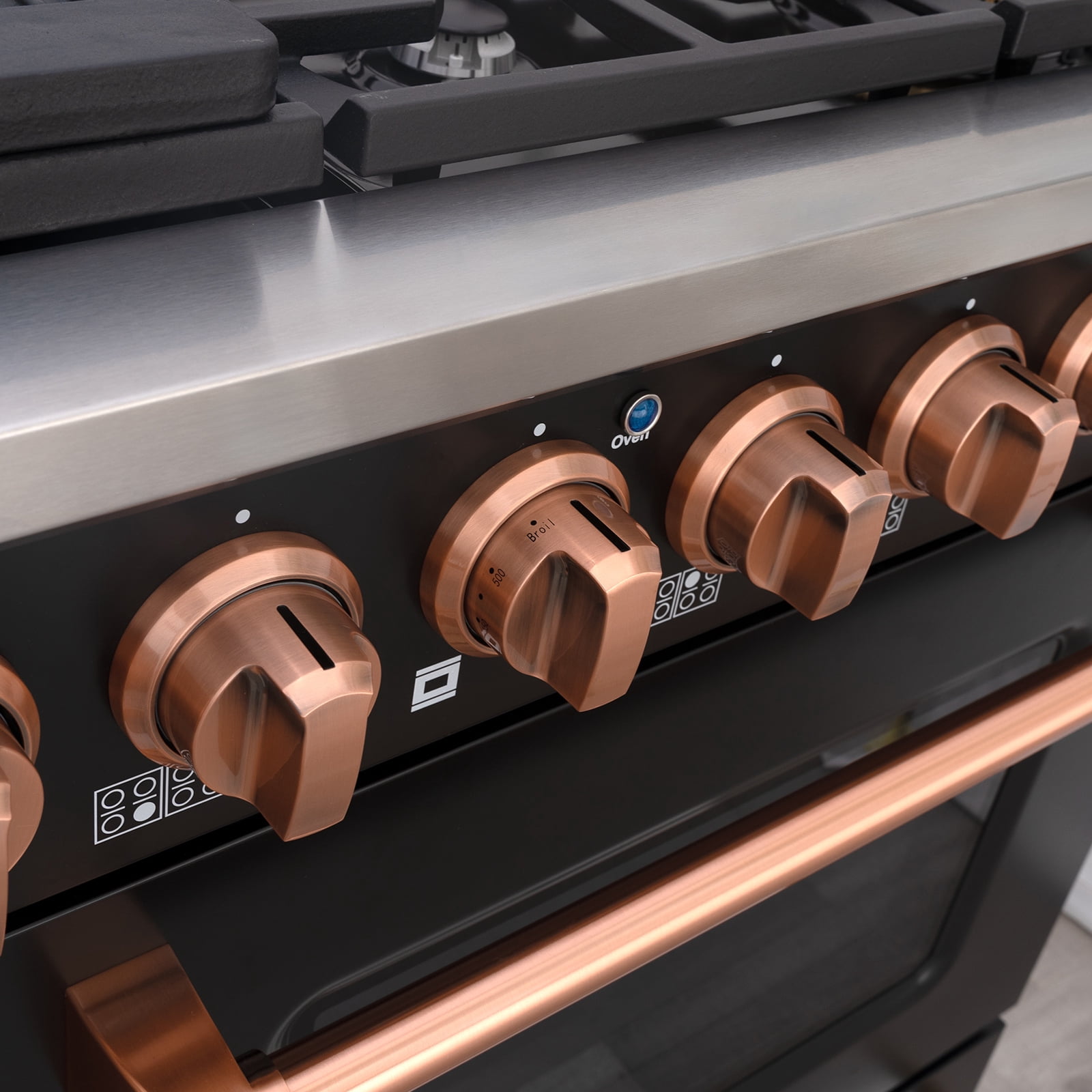 Akicon 48" Slide-in Freestanding Professional Style Gas Range with 6.7 cu. ft. Oven, 8 Burners, Convection Fan, Cast Iron Grates, & Blue Porcelain Oven Interior, Black with Copper