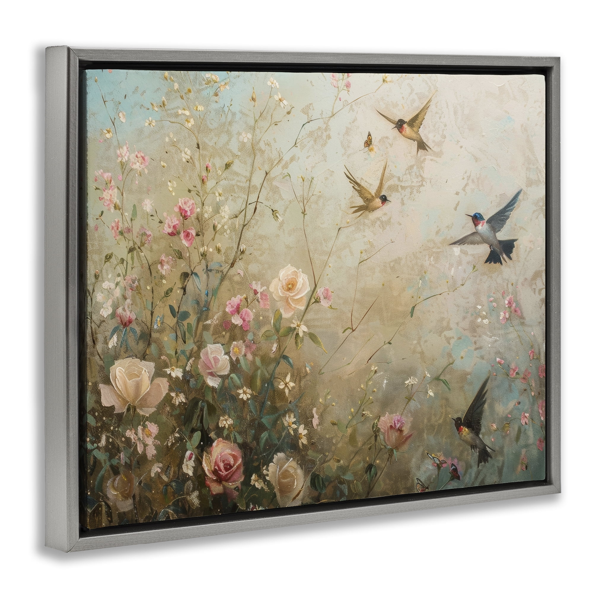 Stupell Industries Spring Meadow Birds Plants & Flowers Painting Gray Floater Framed Canvas Art Print Wall Art, 21 x 17