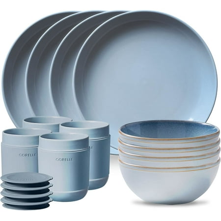 

Kitchenware Stoneware 12-Pc Dinnerware Set Handcrafted Artisanal Double Bead Plates and Bowls Solid and Reactive Glazes Dining Plate Set Nordic Blue