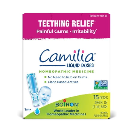Boiron Camilia Teething Drops for Daytime and Nighttime Relief of Painful or Swollen Gums and Irritability in Babies, 15 Single Liquid Doses