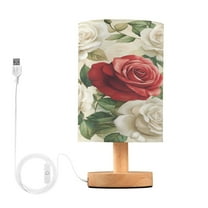 WOBOGO Red White Rose Pattern Bedroom Table Lamp USB Power Connector Wooden Base Round Linen Shade For Living Room Desk