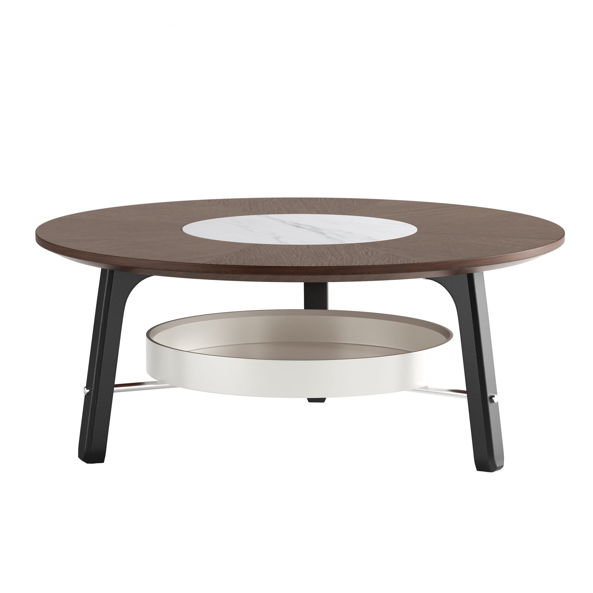 Leumius Round Coffee Table with Storage Shelf, Modern Minimalist Center Table for Living Room Walnut+White