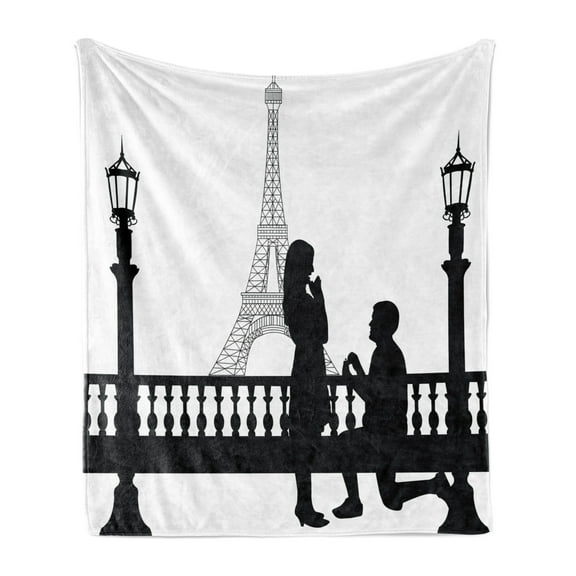 Engagement Party Soft Flannel Fleece Throw Blanket, Paris Lovers City Wedding Proposal for Future Image Happiness, Cozy Plush for Indoor and Outdoor Use, 70" x 90", Black and White, by Ambesonne