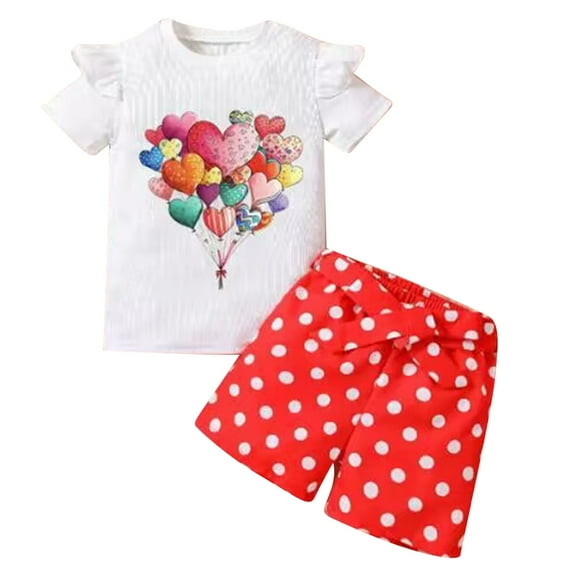 AUNVITO Kids 2-9 Years Lightweight Heart Balloon Print Round Neck Flutter Sleeve Short Sleeve Top and Pants 2-Piece Set