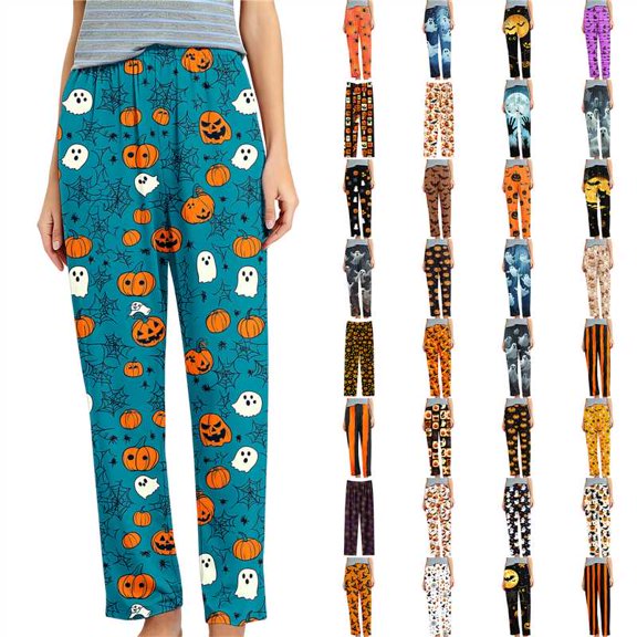 Hvogkswy Halloween Pajama Pants for Women Loose Straight Wide Leg Sleep Pants Cute Pumpkin Graphic Pajama Bottoms S-5XL