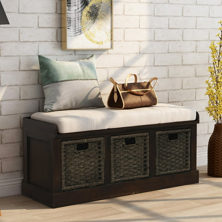Euroco 41 500lbs Rustic Storage Bench Entry Bench Storage Bench with 3 Removable Classic Rattan Baskets Removable Cushions Wood Funiture for