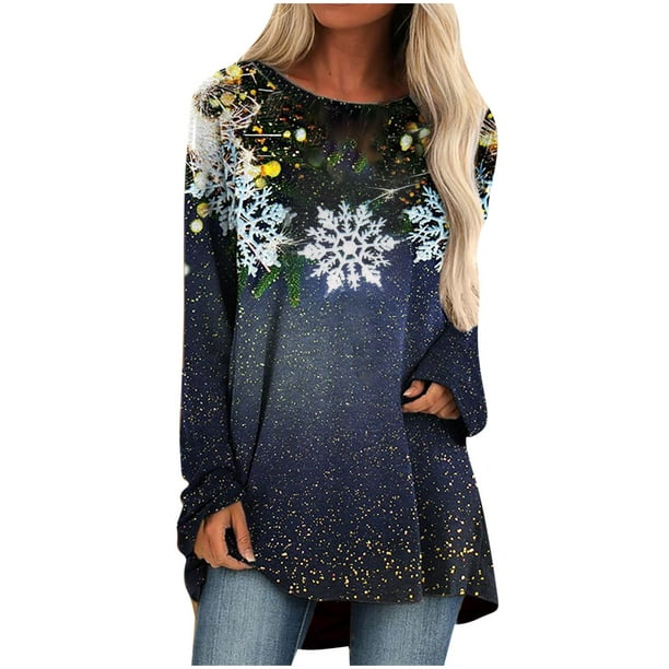 XZNGL Christmas Tops for Women Long Sleeve Women Autumn and Winter Casual  Christmas Printed Round Neck Long Sleeve Pullover Blouse T-Shirt Tops Tops  for Women Sexy Casual Casual Tops for Women 