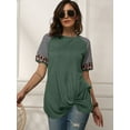 thumbnail image 4 of LELINTA Women Crew Neck Short Sleeve Stripes Leopard Print Casual Top, Green, 4 of 6