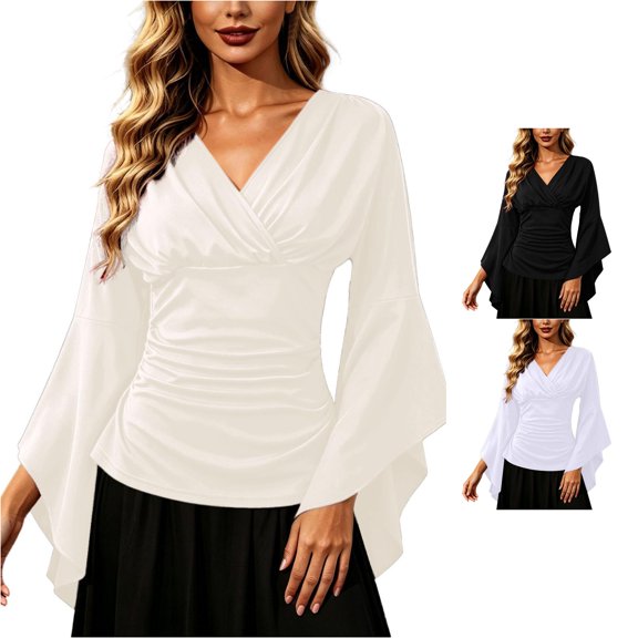 Women's V-Neck Crisscross Waist Ruffle Sleeve Blouse Relaxed Fit Tunic Top with Feminine Details