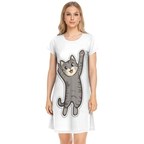 Women's Sleepshirts Cute Gray Cat Nightgowns Sleep for Women Soft House Dresses Night Gown for Ladies