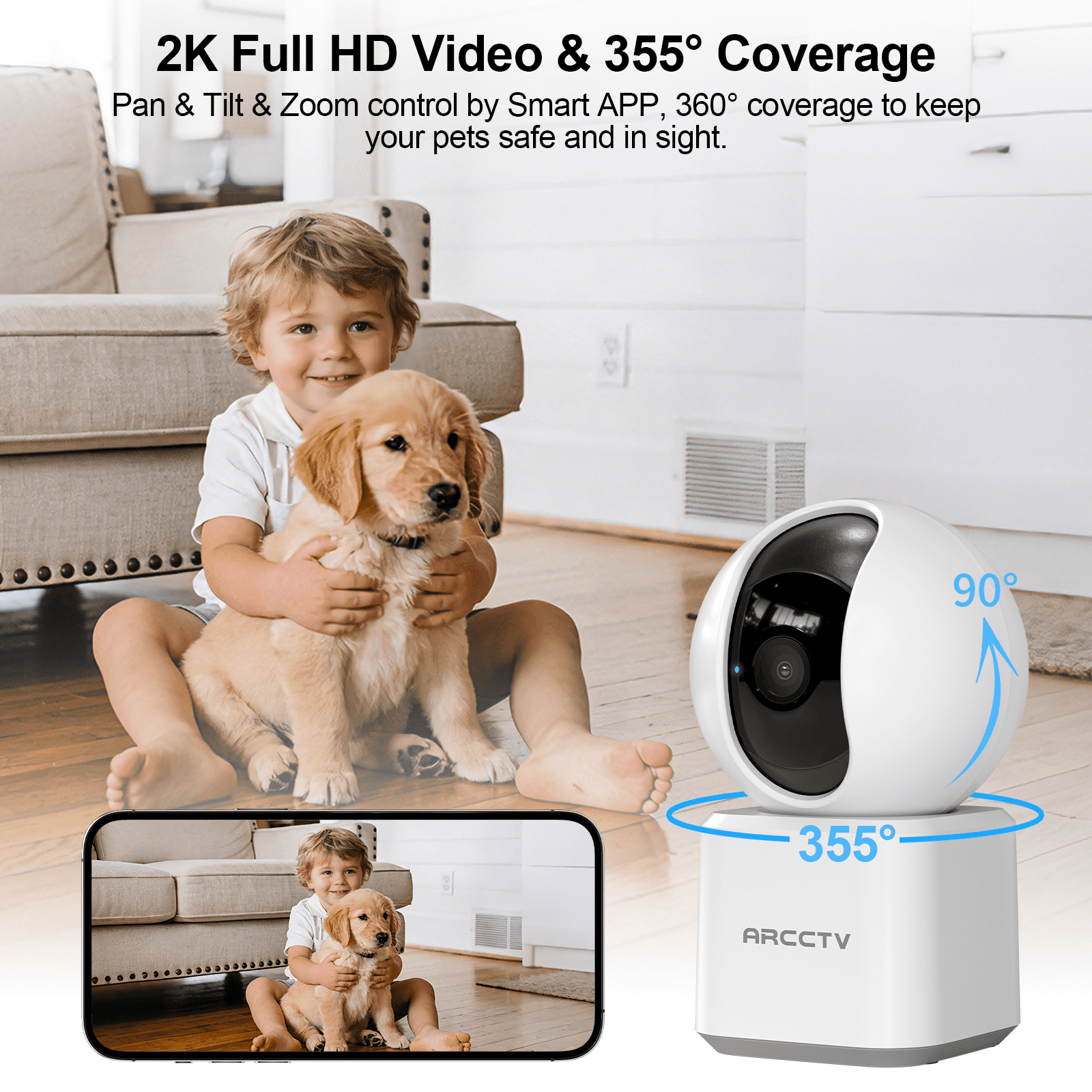 ARCCTV 2K 5G/2.4Ghz Security Camera Indoor Wireless WiFi, Pet/Dog/Cat/Baby Camera with Phone App for Home Security, 360°View,Night Vision, 2-Way Audio