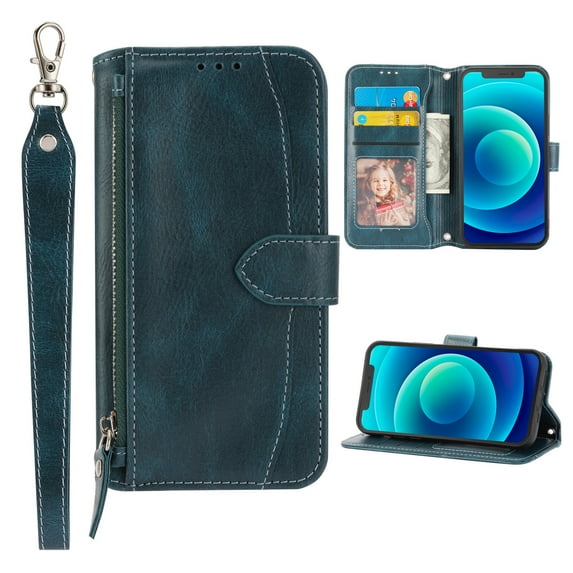 TECH CIRCLE Zipper Wallet Case for Samsung Galaxy S21,Detachable Hand Strap Magnetic Flip Stand Card Slots Shockproof Phone Case,Green