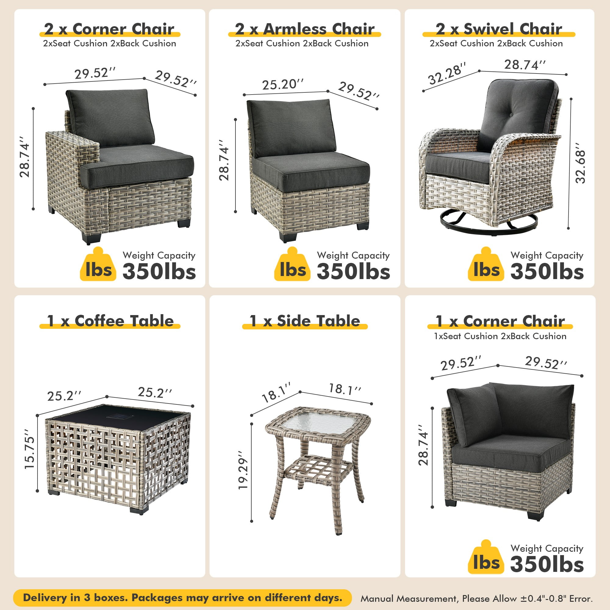 XIZZI 9-Piece Outdoor Patio Sectional Furniture Sets, Wicker Patio furniture with Coffee Table and Swivel Chairs, Rattan Outdoor Conversation Set for Balcony, Porch, Backyard, Black