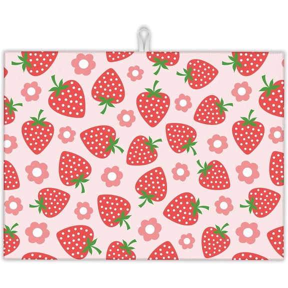 Pink Strawberry Dish Drying Rack Mat for Kitchen Counter,Cute Flowers Dish Drying Pad Absorbent Reversible Microfiber Protector for Coffee Bar Sink Countertops 18x24 Inch