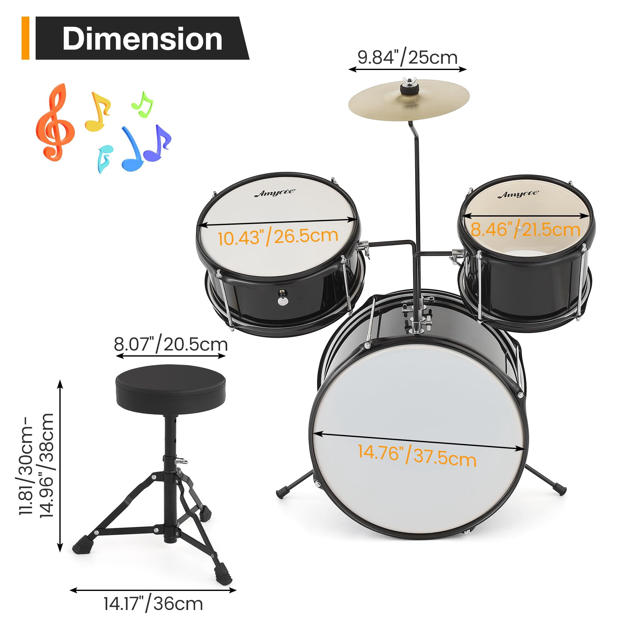 Studyset Drum Set for Beginners,1 Wood/Metal AD-100 Three Drums Set,Beginner Set Includes Bass,2 Toms,Cymbal,Sticks,Bass Pedal and Stool,Percussion Musical Instrument Birthday Playsetl(3-Piece)