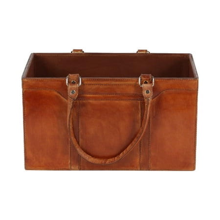 UPC: 0758647950676 | DecMode Rustic Leather Brown Rectangular Magazine Holder with Strap Handles  15 W x 16 H