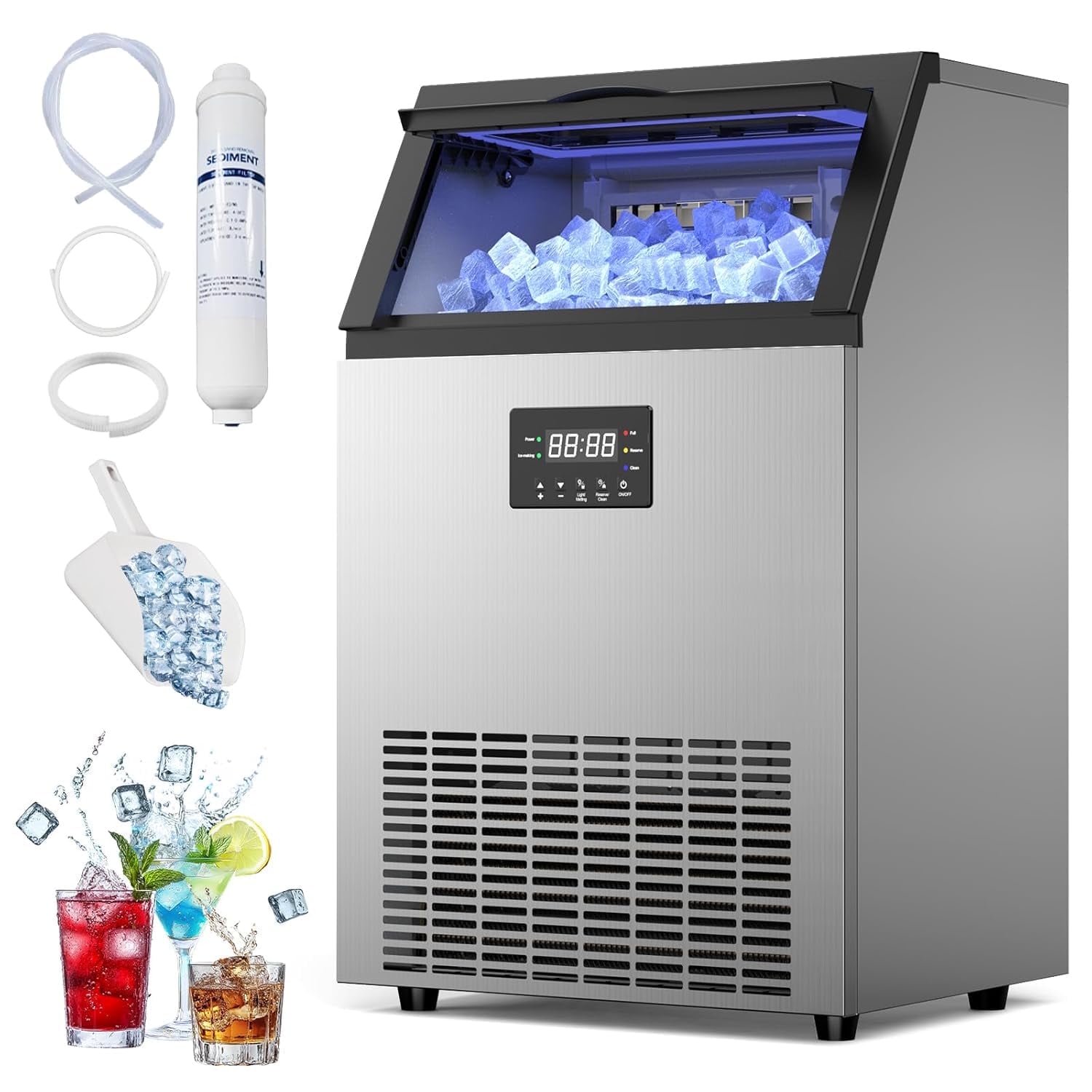 Commercial Ice Maker Machine, 150Lbs per Day Under Counter Ice Maker with 50Lbs Storage Bin, Produces Ice in 8-15 Mins, Freestanding Design for Restaurant, Bar, Home & Outdoor Use