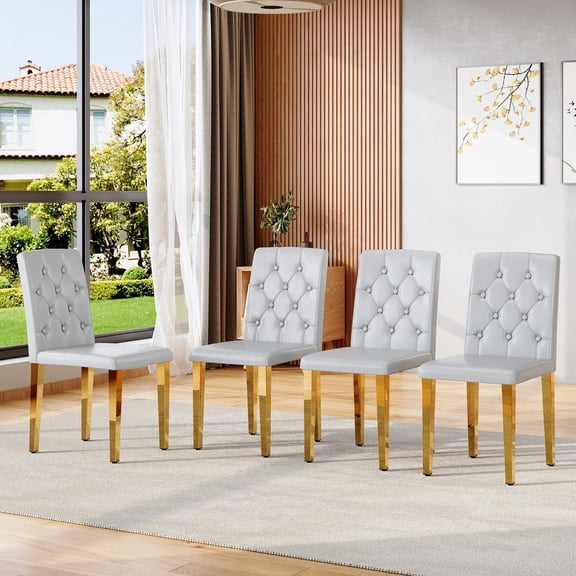 4-piece set of light grey PU dining chairs: ergonomically designed buckle backrest, 35 inches high, gold metal legs, combining comfort and texture.Suitable for family restaurants, banquet ha
