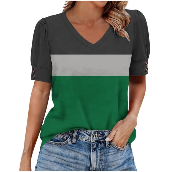Turilly Women's Puff Sleeve Color Block Top Fashion Ladies V-Neck Button Detail Summer T-Shirt