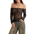 thumbnail image 3 of Women Long Sleeve Crop Tops Sheer Lace Off-Shoulder Shirt Casual Pullovers for Club Streetwear Aesthetic Grunge Clothes, 3 of 10
