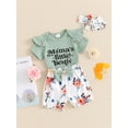 thumbnail image 6 of Aojekbee Baby Girl Summer Set, Letter Print Short Sleeve Ribbed Romper Floral Shorts Bow Headband Infant Toddler 3 Piece Outfits, 6 of 10