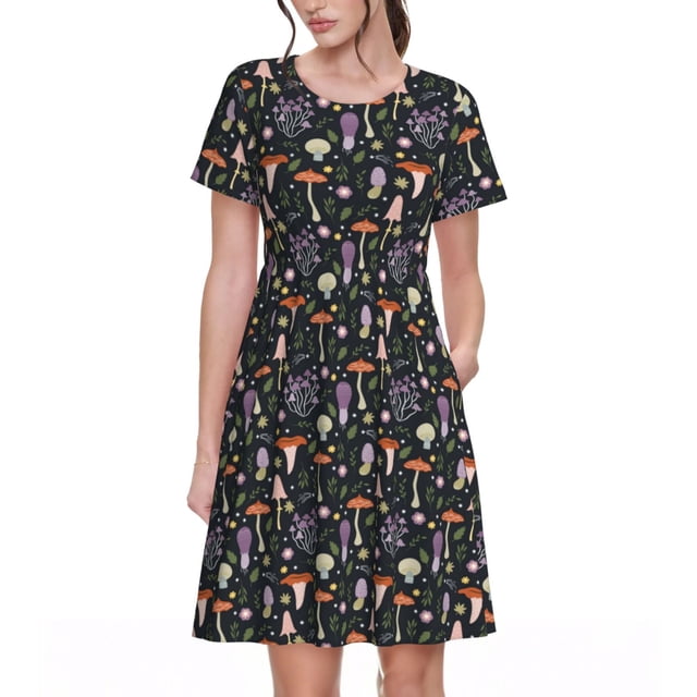 Bixox Robe d'Été à Manches Courtes pour Femmes Robe Ample Longueur Genou avec Poches-Champignon