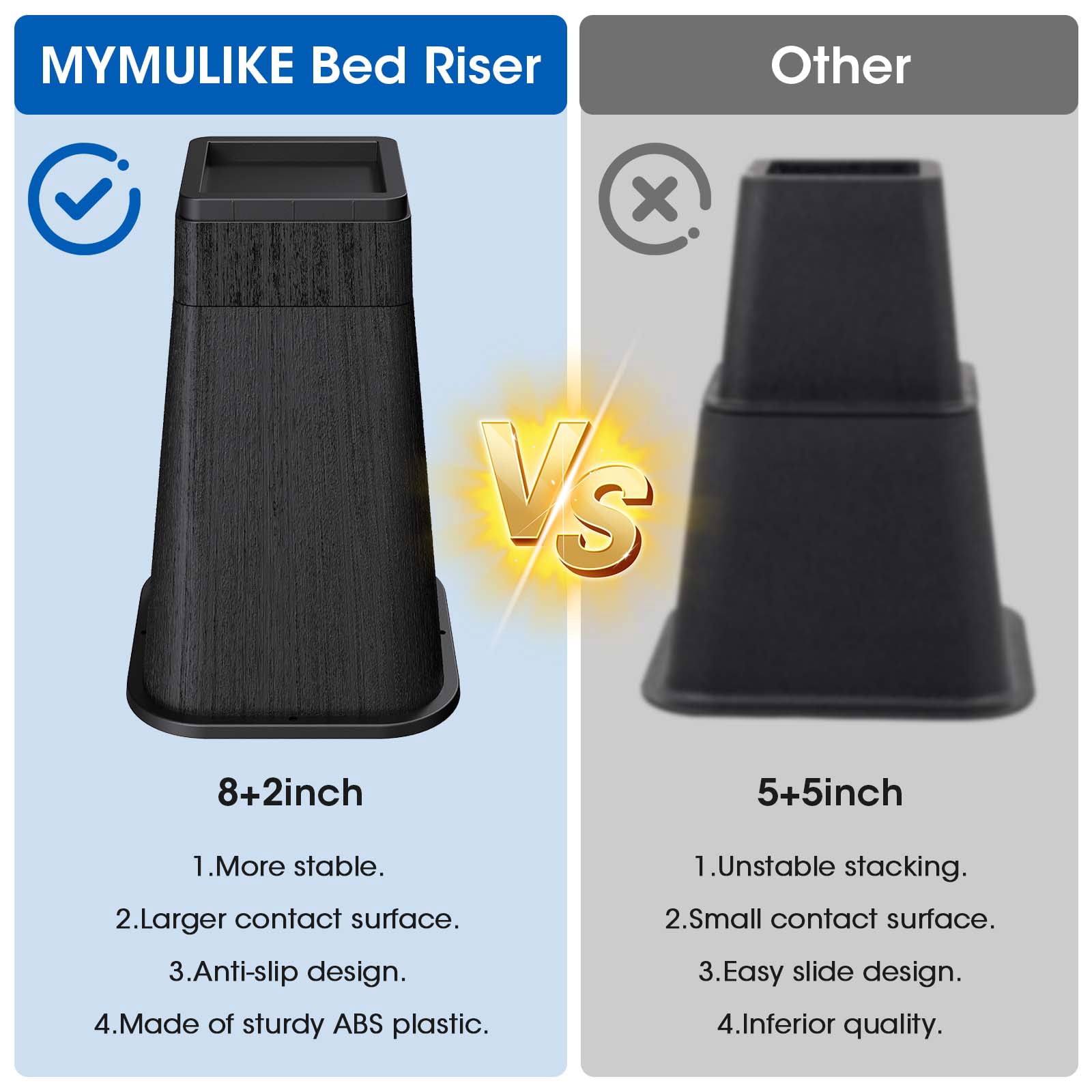 Bed Risers 10 Inch Heavy Duty, Stackable Furniture Risers Lifts 2inch 8inch, 10inch for Table, Desk Leg, Sofa, Couch, Supports Up to 6,000 Lbs, Black, 4 Pack