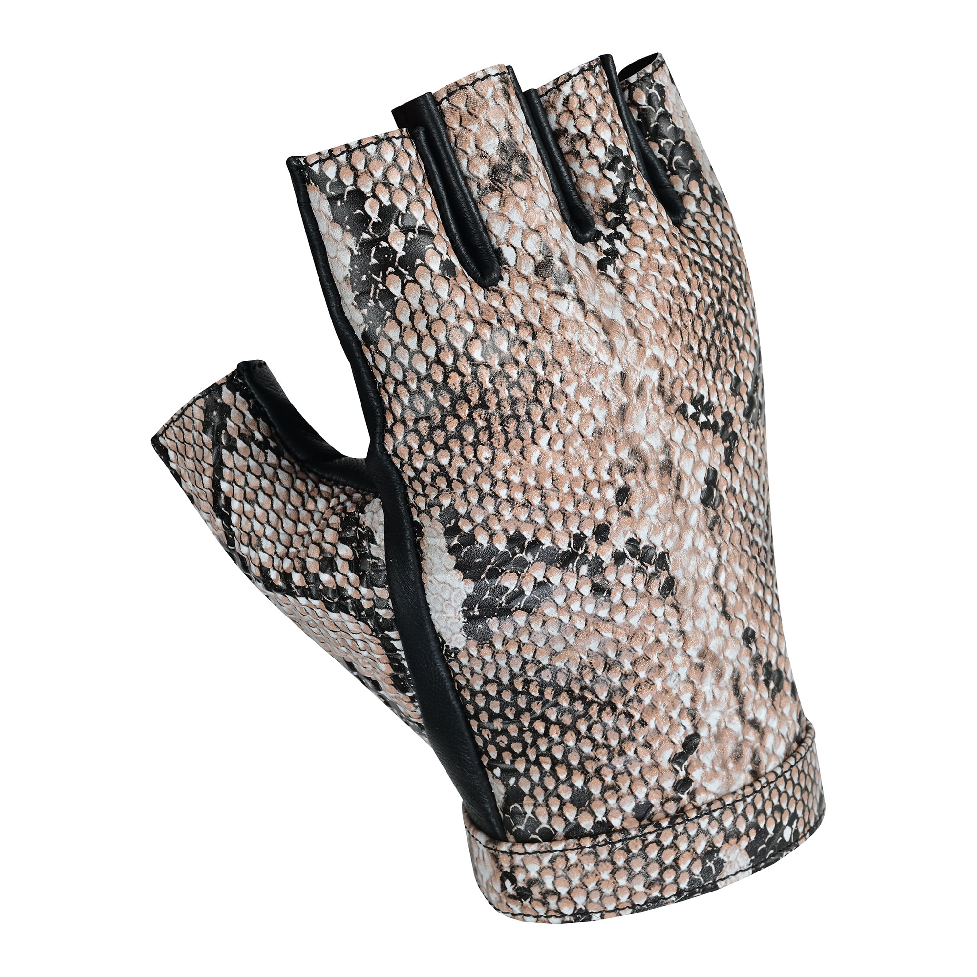 Men's Python Snake Embossed Leather Driving Gloves Half Finger Car Driving Motorcycle Bikers Riding Gloves Beige-L
