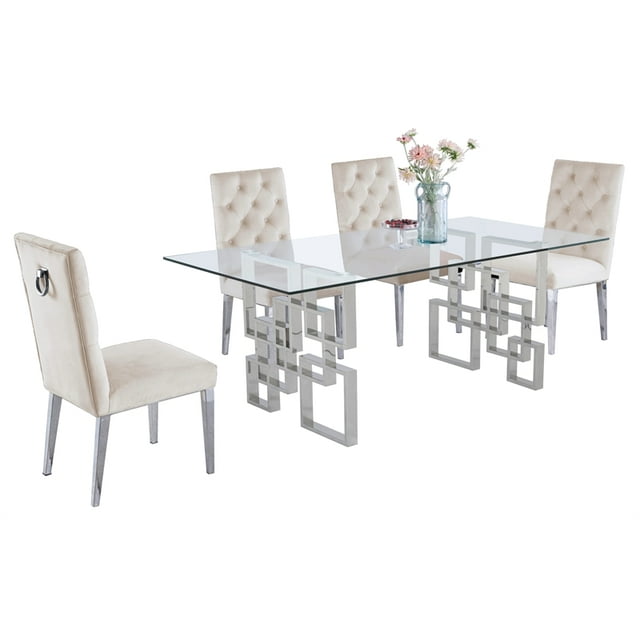 Ensemble de Salle à Manger Rectangulaire en Verre Transparent 5pc avec Base en Acier Inoxydable Argenté