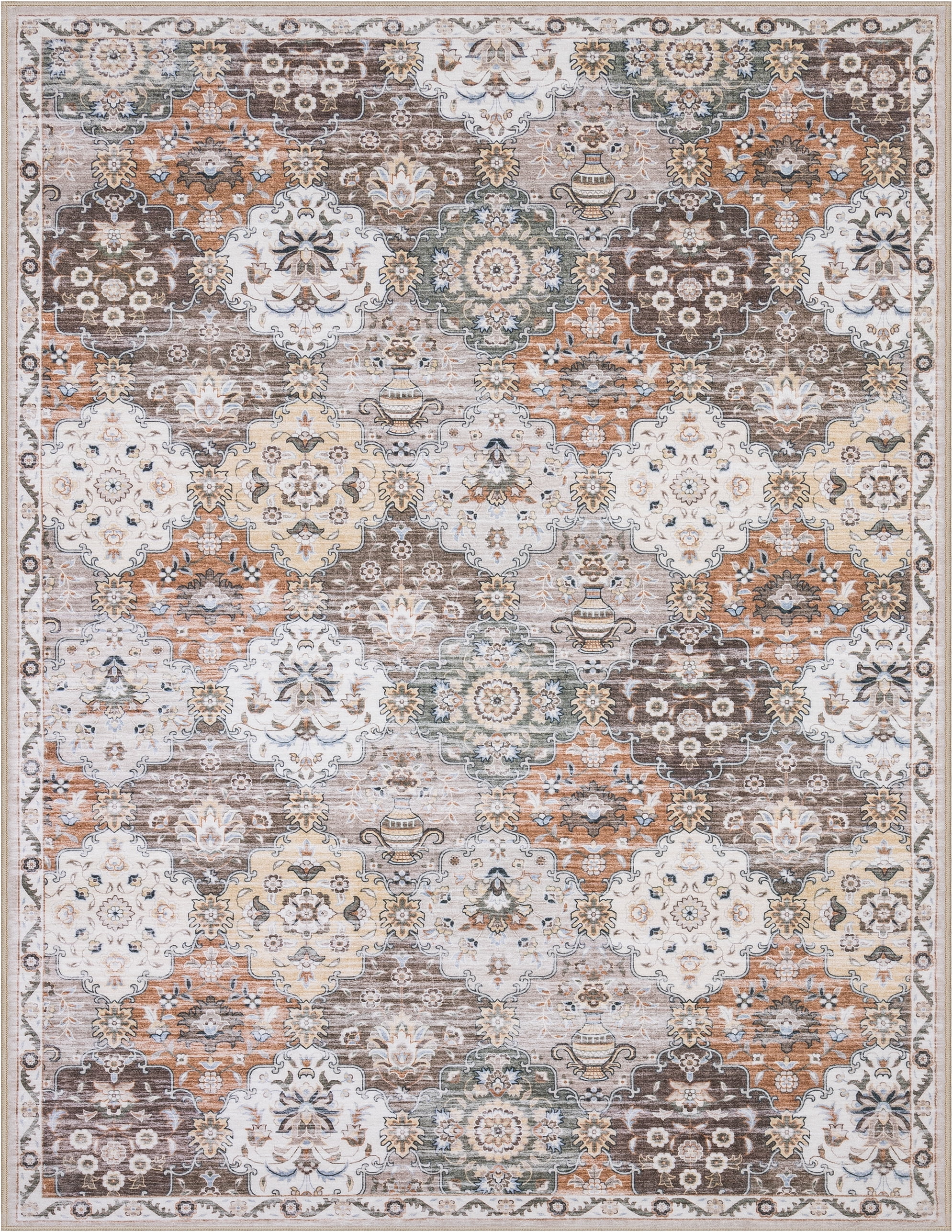 Toyoso 8x10 Area Rug Living Room Rugs - Washable Vintage Floral Soft Thin Large Rug Indoor Floor No Slip Rug Carpet for Bedroom Under Dining Table Home Office Decor - Multi Brown