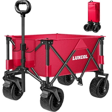 LUXCOL Collapsible Folding Wagon, Heavy Duty Utility Beach Wagon Cart for Sand with Big Wheels, Adjustable Handle&Drink Holders for Shopping, Camping,Garden and Outdoor