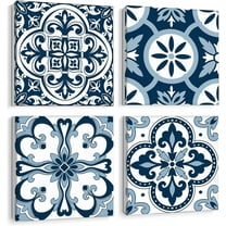 Blue Bathroom Wall Art Decor, Canvas Wall Art with Vintage Mandala Flowers Prints for Bedroom, Kitchen, 12x12 Inch Navy Blue Tile Wall Art Set of 4